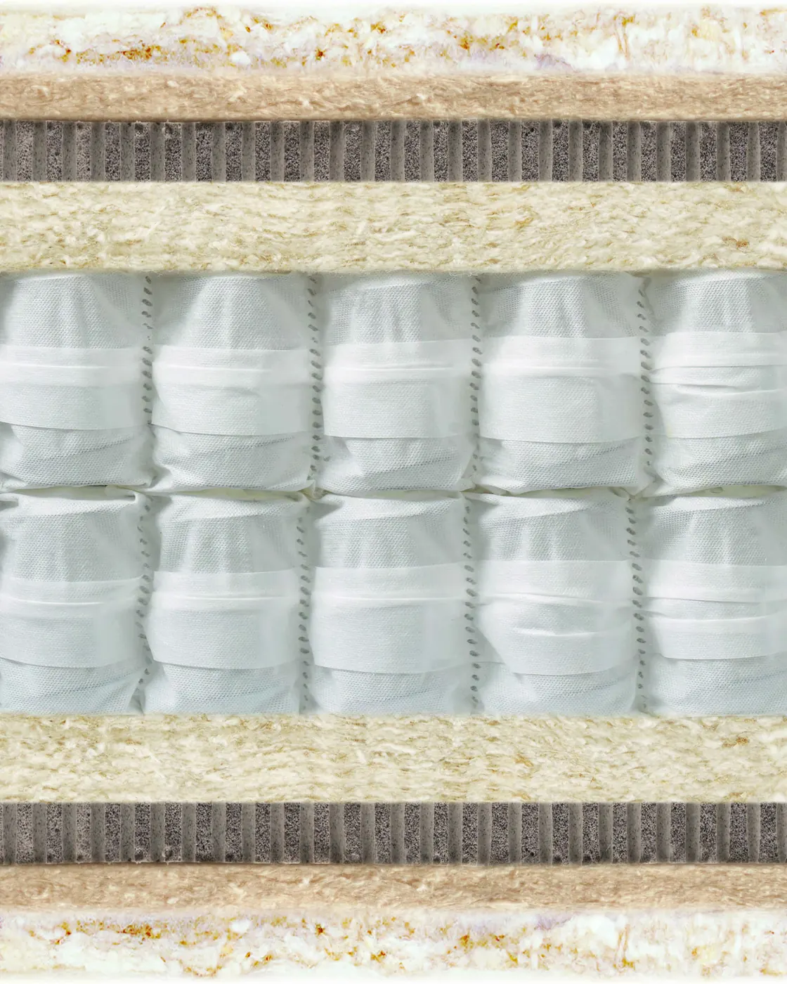 Cut-through of a Hypnos mattress showing the pocket-spring core and natural wool and cotton filling layers